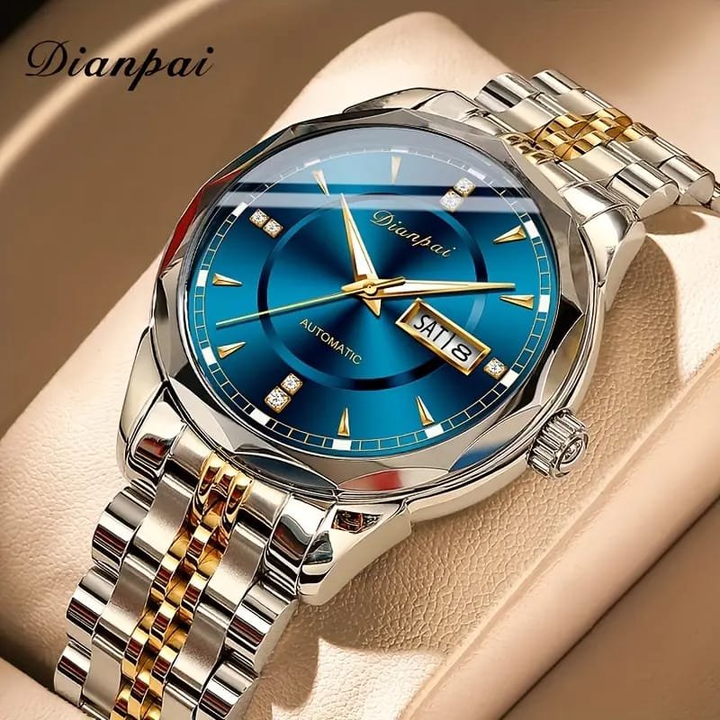 WhatsApp Image 2025-10-04 at 7.59.18 PM (1) Dianpai Men's Luxury Automatic Mechanical Watch - Luminous Blue Dial, Roman Numerals, Date Display, Stainless Steel Band - Image 1