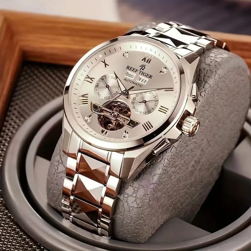 WhatsApp Image 2025-10-04 at 7.59.48 PM (1) Dianpai Men's Luxury Automatic Mechanical Watch - Luminous Blue Dial, Roman Numerals, Date Display, Stainless Steel Band - Image 1